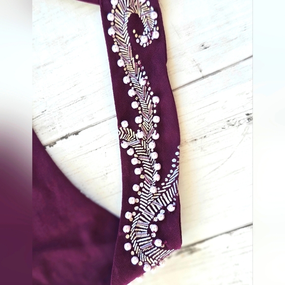 White House Black Market Maroon Bead Pearl Sequin Racerback Dressy Tank Top Sz M - Picture 4 of 10